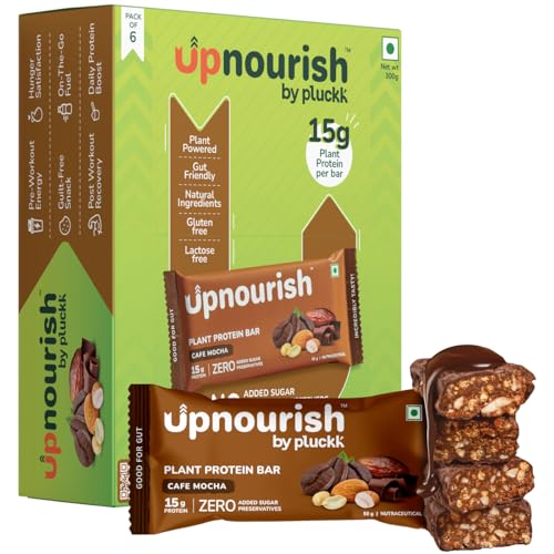 Image of Upnourish by Pluckk Plant Protein Bar - Pack of 6 (50g Each) | 15g Protien , 2g Fiber | No Added Sugar & Preservatives | Protein Bar without sugar | Lactose & Gluten Free | Gut Friendly | Cafe Mocha Flavoured - 300g