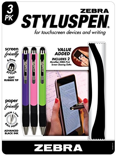 Zebra Pen Stylus Pen Retractable Ballpoint Pen with Microfiber, Fashion Colors, 3 Pack (10456)