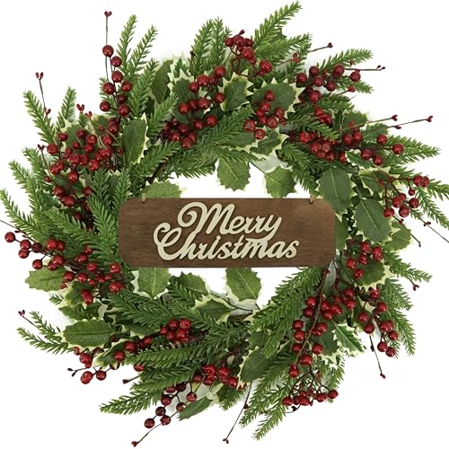 KORSMV Winter Wreaths for Front Door Winter Wreath with Holly Leaf,red Berry bin for Front Door Indoor Outdoor Farmhouse Festival Home Decor