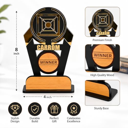 Image of GKD Wooden & Acrylic Sports Winner Trophy - Carom - Ideal for Awards & Celebrations