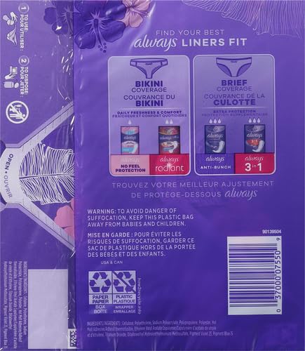 Image of Always Panty Liners for Women Anti-Bunch Xtra Protection Daily Liners, Long, Unscented 108 Count (Pack of 4)