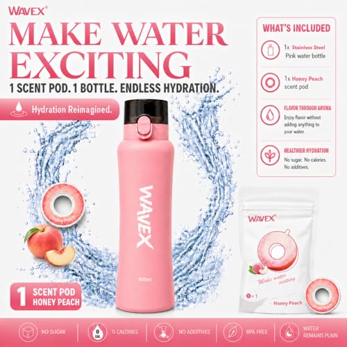 Image of Wavex Stainless Steel Scented Water Bottle, Includes 3 Aroma Scent Pods, Flip Top Leak-Proof Lid, Straw Included, Subtle Flavor Experience, No Sugar or Calories, (18.6 Ounce, Pink)