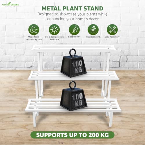 Image of Anandi Greens White Heavy Duty 3 Tier Metal Plant Stand for Grow Bags Planters and Pots Rust Resistant Iron Plant Pot Holder Rack for Outdoor Balcony Indoor Living Room and Garden Supports Up to 200 kg