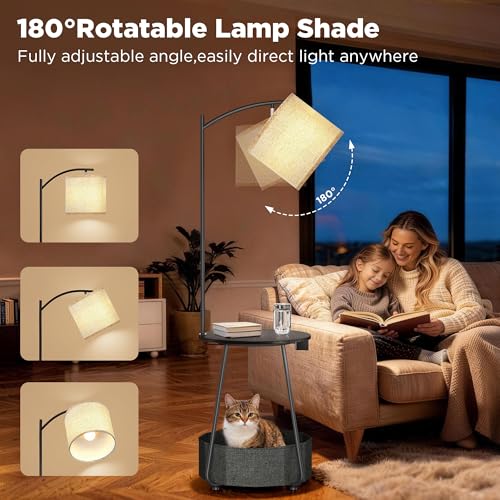 Image of LUTEC Floor Lamp with Table, End Table with Charging Station(USB & Type-C & AC Port), Round SideTable with Fabric Basket, 3 Color Temperatures 9W LED Bulb, Modern Nightstand for Bedroom, Living Room