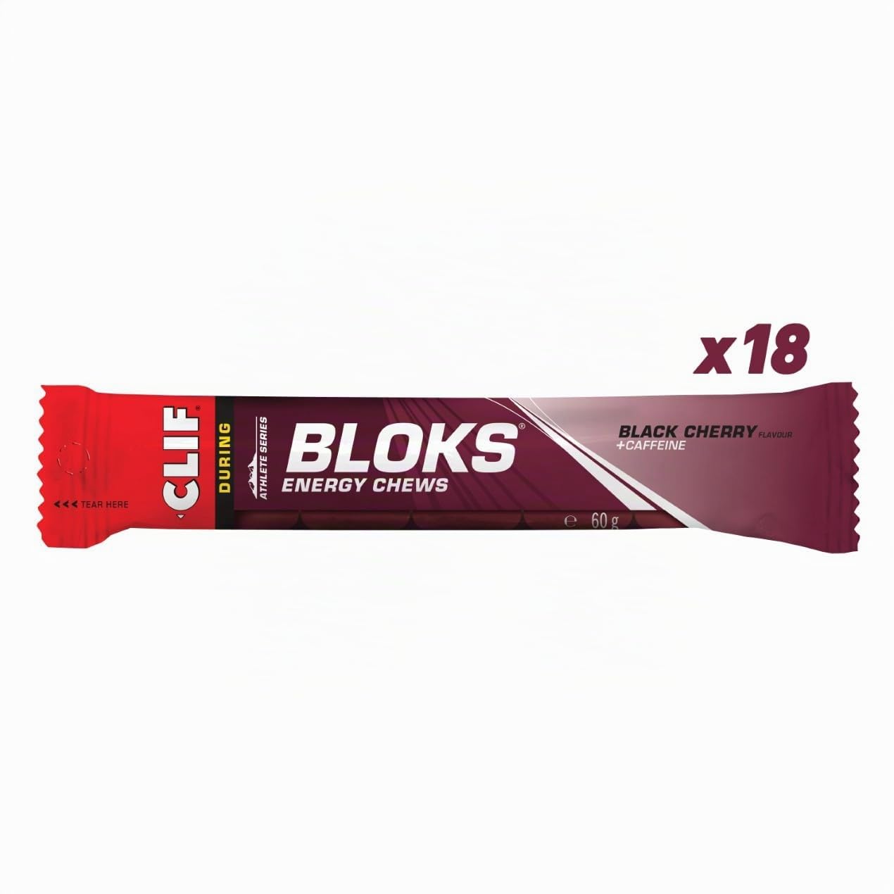 CLIF BLOKS Black Cherry + Caféine Gommes Énergétiques, 18 x 60 g | À Base de Plantes, Énergie Rapide pour la Course à Pied, le Cyclisme et l’Entraînement au Marathon, En‑Cas d’Endurance
