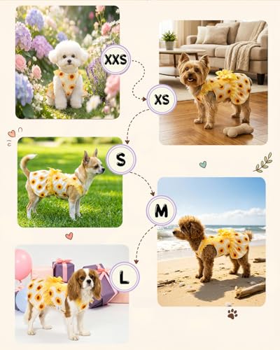 Image of CuteBone Sunflower Pet Dress for Small Dogs, Cats - Yellow Tulle Ruffle Sleeves - Satin Bow - Summer Garden, Photo Dress