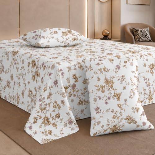 Image of Jaipur Weaves Cotton Linen Feel King Size Bedsheet 108x108 Super King, 100% Pure Cotton Bed Sheet with 2 Pillow Covers, 300 TC Soft Breathable Floral Design Bedding -(Vintage Mustard, Super King)