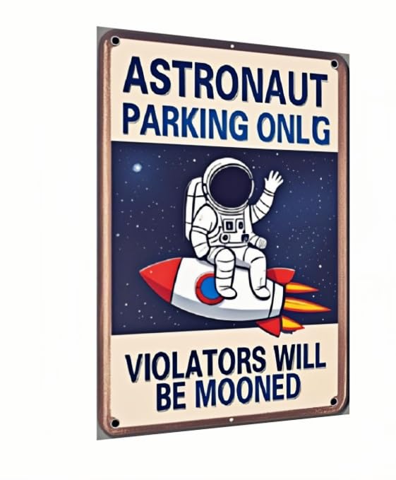 "Astronaut Parking Only" Sign – Metal Outer Space-Themed Plaque, Creative Gift for Space Enthusiasts, Suitable for Bedroom, Office, Game Room, Boys' Room, Classroom, Nursery, Party Decor, and Wall Decoration – 8x12 Inches