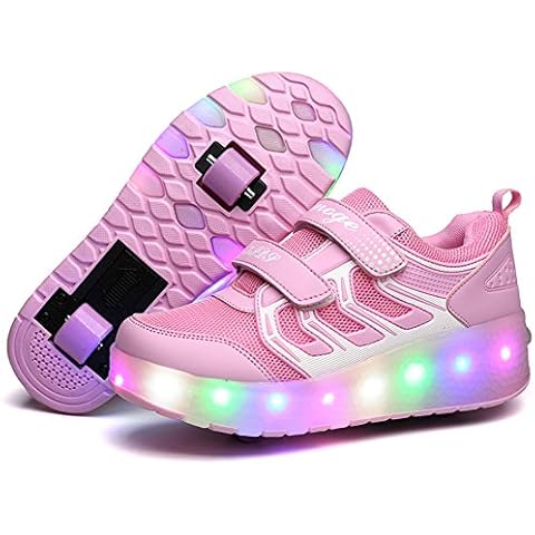 Unisex Kids LED USB Rechargeable Single Double Wheels Trainer Roller Skates Shoes Retractable Lightweight Outdoor Sports Cross Trainers Gymnastic Running Sneakers for Boys Girls Cover