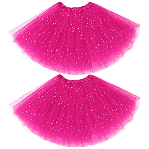 2 Pack Women s Adult Classic Elastic 3 Layered Tulle Tutu Skirt with Sequin Stars Ladies Retro 80 s Tutu Skirts (Rose Red)