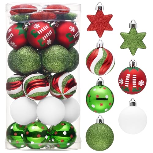 Valery Madelyn Christmas Ball Ornaments, 35ct Elf Red Green White Shatterproof Christmas Tree Decorations Set, 1.97 Inch Whimsical Decorative Hanging Ornament Bulk for Xmas Holiday Party Decor