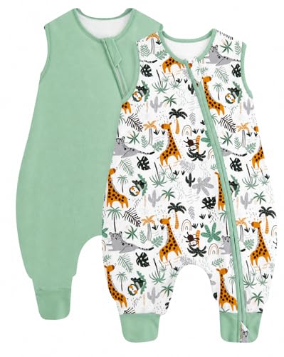 JiAmy 0.5 Tog Baby Sleeping Bag with Legs 100% Cotton Summer Sleep Sack Toddler Soft Sleep Bag with Feet Green 3-4 Years