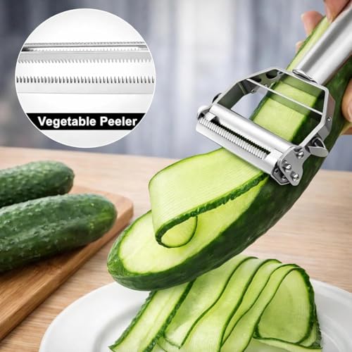 Image of SUNKUKA Stainless Steel Vegetable Peeler & Julienne Slicer - 3 in 1 Multifunction Kitchen Peeler for Potato, Carrot & Fruits - Heavy Duty Sharp Blade Vegetable Cutter & Shredder Tool for Kitchen