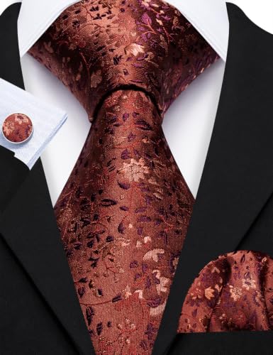 Image of Barry.Wang Flower Ties for Men Handkerchief Cufflinks Set Wedding Necktie Set Party