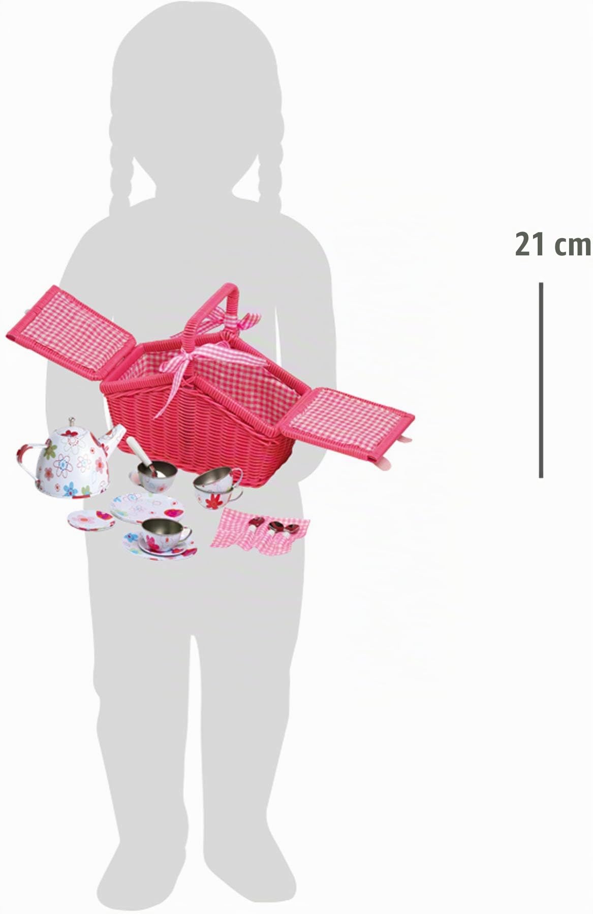 Small Foot 9980 Panier pique-nique en bois tressé avec accessoires, set de vaisselle pour enfant 20 pcs, à partir de 3 ans, Blanc
