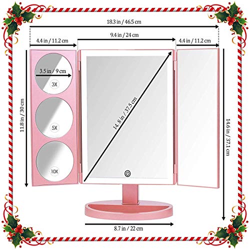 Mirrorvana XLarge Vanity Mirror with Lights | 360° Rotatable Extravagant Trifold LED Lighted Makeup Mirror with 10X, 5X, 3X Magnification & Bonus USB Cable (2018 XLarge Rose Gold Model)