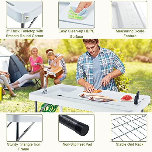 Avocahom Folding Fish Cleaning Table Portable Camping Sink Table With Faucet Drainage Hose & Sprayer Outdoor Fish Fillet Cleaning Station With Grid Rack & Knife Groove For Picnic Fishing, Black #TOP1