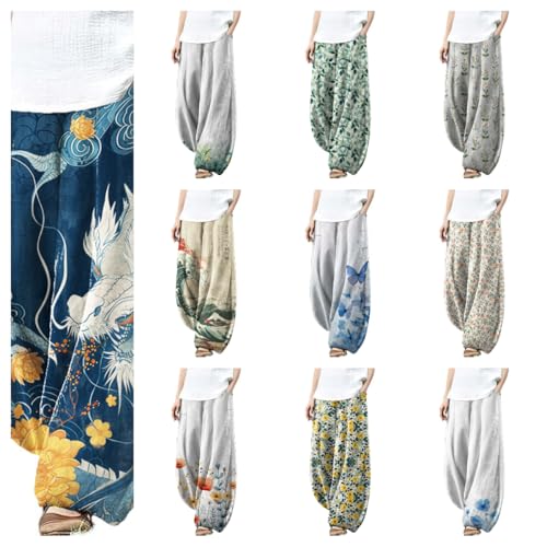 Harem Pants Women Floral Printed Wide Leg Casual Cotton Linen High Waist Summer Beach Trousers with Pockets4