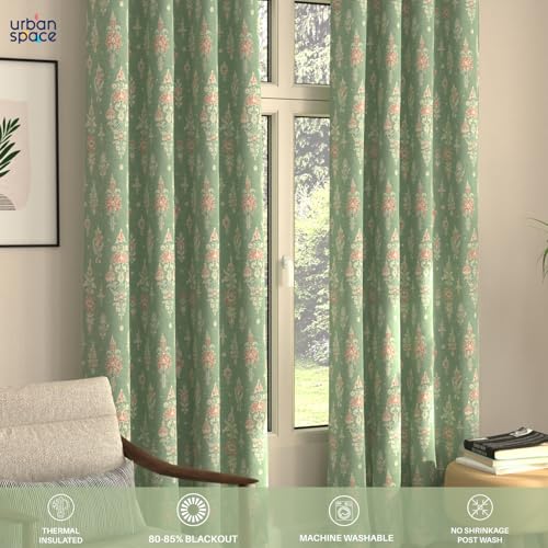 Image of Urban Space Blackout Curtains 8 Feet Set of 2 for Long Door, 80-85% Light Blocking Curtains for Living Room, Digital Printed Curtains with Eyelets, Tieback Included (Imperial sage Green, 8 Feet)