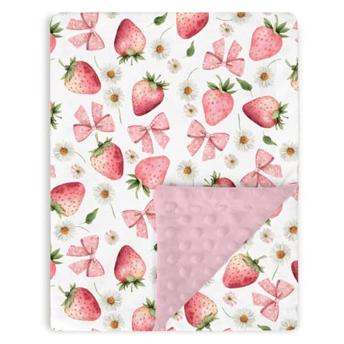 Image of Tewrnvioc Pink Baby Blankets for Girls 30" x 40", Soft Double Layer Minky Blanket with Dotted Fleece Back, Nursery Bed Receiving Quilt for Newborn Infant Toddler Shower Gift Strawberry Bow Daisy Theme