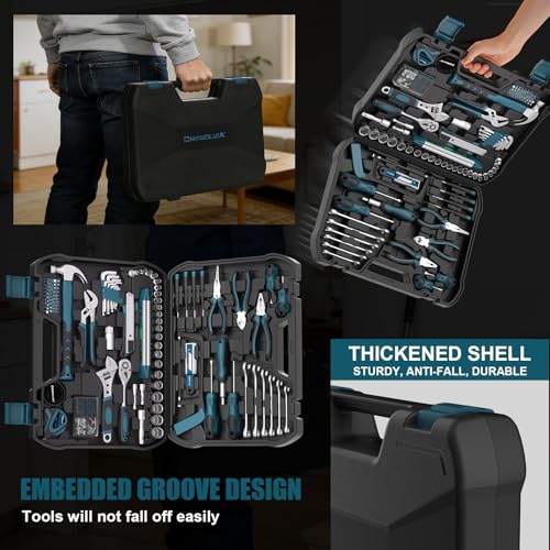 Image of Home Tool Kit 199 Piece Basic Household Auto Repair Tool Set Car Toolbox General Hand Tool Kit for Home Men Women DIY with Plastic Toolbox (Blue and black)