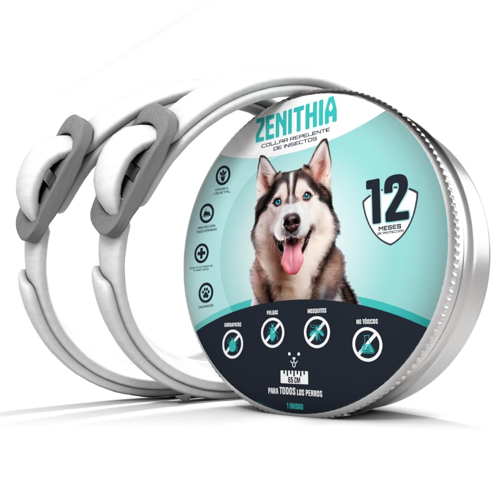 Zenithia Collar Repelente de Insectos, Antipulgas Perros, Garrapatas y Mosquitos -12 Meses Protección-65cm-Ajustable-100% Vegetal-Impermeable- 2 Und