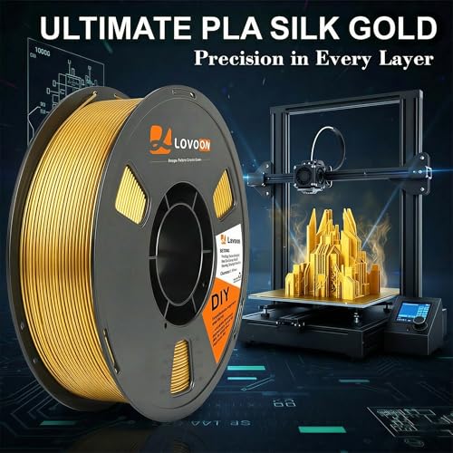 Image of LOVOON Silk Gold PLA Filament 1KG, Neatly Wound 1.75mm 3D Printer Filament Dimensional Accuracy + /- 0.02mm, 1kg Carboard Spool (2.2lbs) Fits for Most FDM 3D Printers