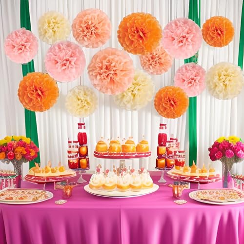 Image of XIKSXITN 12 pcs Orange Paper Pom Poms Decorations for Party in 2 Colors,Ceiling Hanging Tissue Paper Flowers Decorations (8&10&12 inch)
