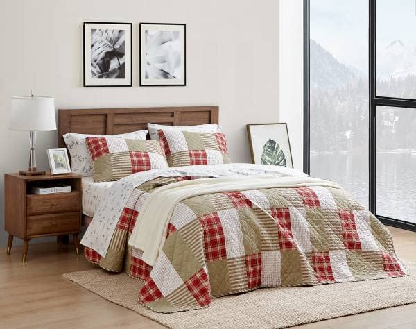 eddie bauer - twin quilt set, reversible cotton bedding with matching sham, lightweight home decor for all seasons (camino island red, twin)