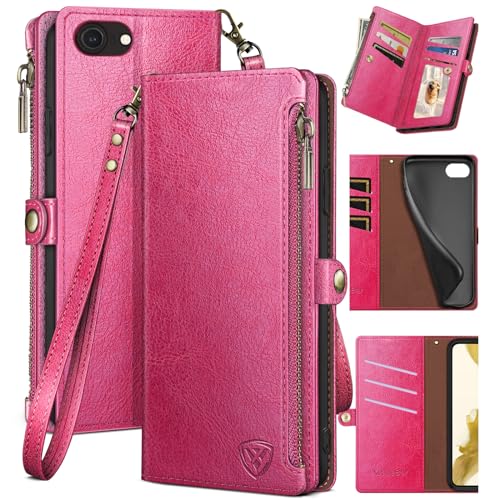 XcaseBar for iPhone SE 3rd/7/8 Wallet case with Zipper Credit Card Holder?RFID Blocking?, Flip Folio Book PU Leather Phone case Shockproof Cover Women Men for Apple SE case Rose Red
