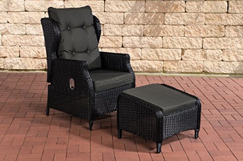CLP Polyrattan-Sessel Breno Mit Sitzpolster Und Fußhocker I Relaxsessel Mit Verstellbarer Rückenlehne, Farbe:schwarz, Polsterfarbe:Anthrazit