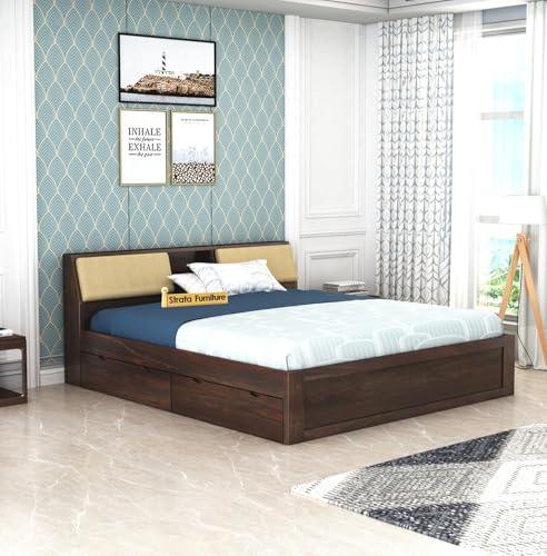 Image of STRATA FURNITURE Sheesham Wood King Size Bed with Drawer Storage Solid Wood Double Bed Palang | Wooden Bed for Bedroom Living Room Furniture (Walnut Finish)