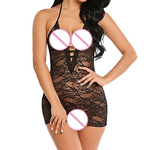 ManxiVoo Women Lace Lingerie Babydolls Sexy Nightie Dress Siamese Sling Bodysuit Underwear (L, Black)