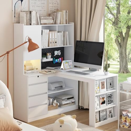 RuiSiSi L Shaped Desk, Home Office Corner Desk with Hutch & Drawers and Bookshelf, Modern Study Table Writing Desk with LED Light, Gaming Computer Desk with Storage, White