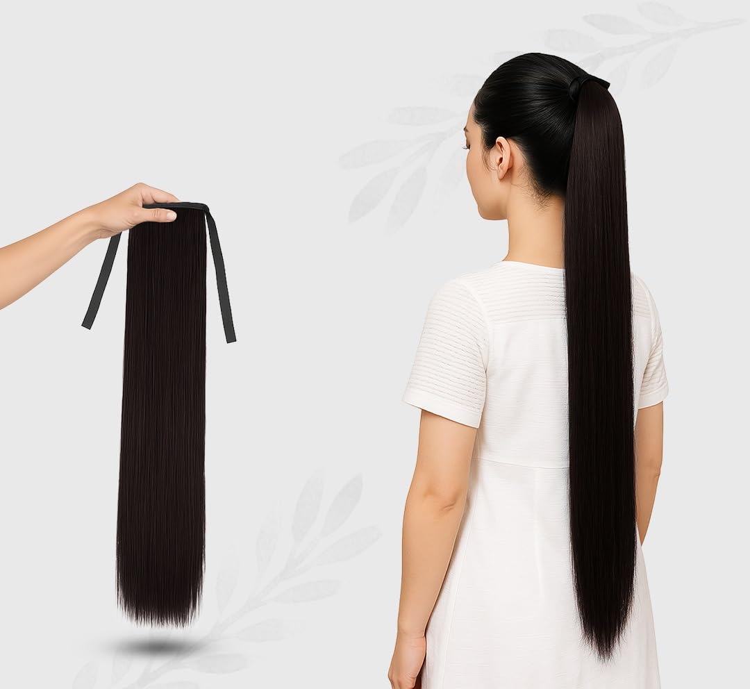 Ribbon Hair Extension for Women & Girls | Long Straight Artificial Ponytail Hair Extension | Easy Tie-On Natural Look Hair Ribbon Extension for Daily, Party & Traditional. (1, Brown)-image-34