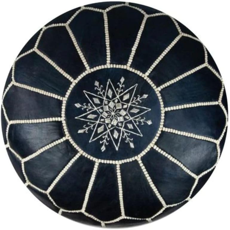 Genuine Leather Moroccan Ottoman Unstuffed Round Pouf - Black Color