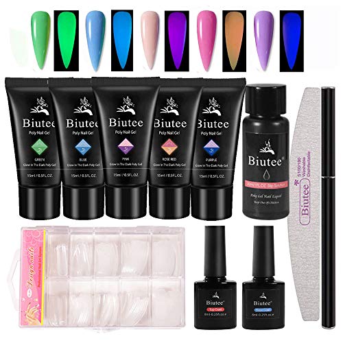 Biutee Glow in The Dark Poly Nail Gel 5 Colors 0.53oz with 30ml Slip Solution Base Coat Top Coat Nail Form Nail File Bursh Pen Builder Gel Nail Extension Gel