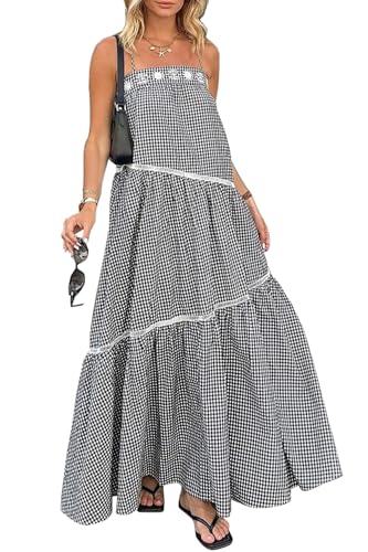 Image of ECOWISH Women Sleeveless Maxi Dress: Summer Spaghetti Strap Casual Loose Boho Beach Dress Asymmetric Tiered Flowy Long Dress
