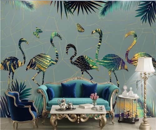 Papier peint 3D feuilles et flamant rose pour mur de fond TV et chambre