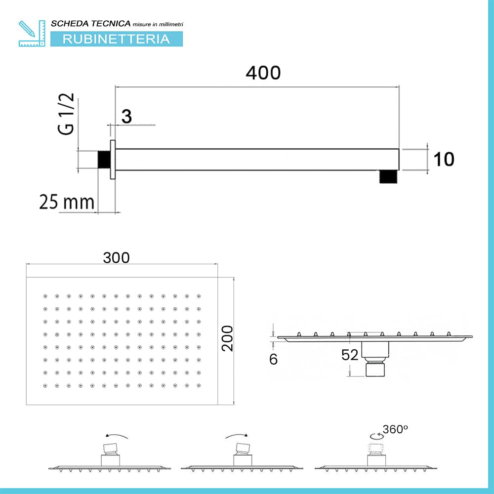 Kit doccia nero opaco con braccio 40 cm e soffione rettangolare 30x20 cm, in acciaio inox con snodo orientabile e ugelli anticalcare