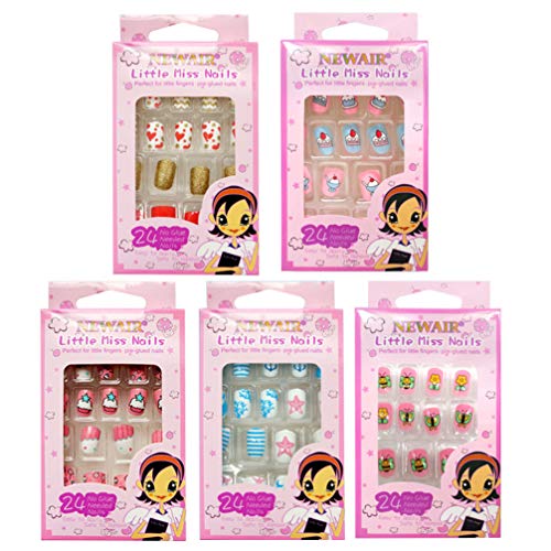 Lurrose 120 peças de unhas postiças infantis, pregas, pré-cola, capa completa, curta, unhas falsas,