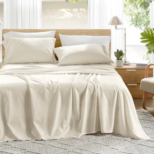 Comfort Spaces 100% Cotton Sheets Queen, Breathable, Ultra Soft Cotton Sheets, Naturally Cool Cotton Bed Sheets with 14" Elastic Pocket Fits up to 16" Mattress, All Season Sheet Set, Ivory 4 Piece