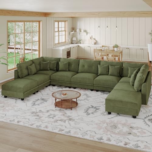 Image of LLappuil 137 inch Modular Sectional Sofa with Storage, U Shaped 9-Seat Pet-Friendly Corduroy Couch with 9 Throw Pillows, Convertible Sofa Set for Living Room, Scratch Resistant, Green