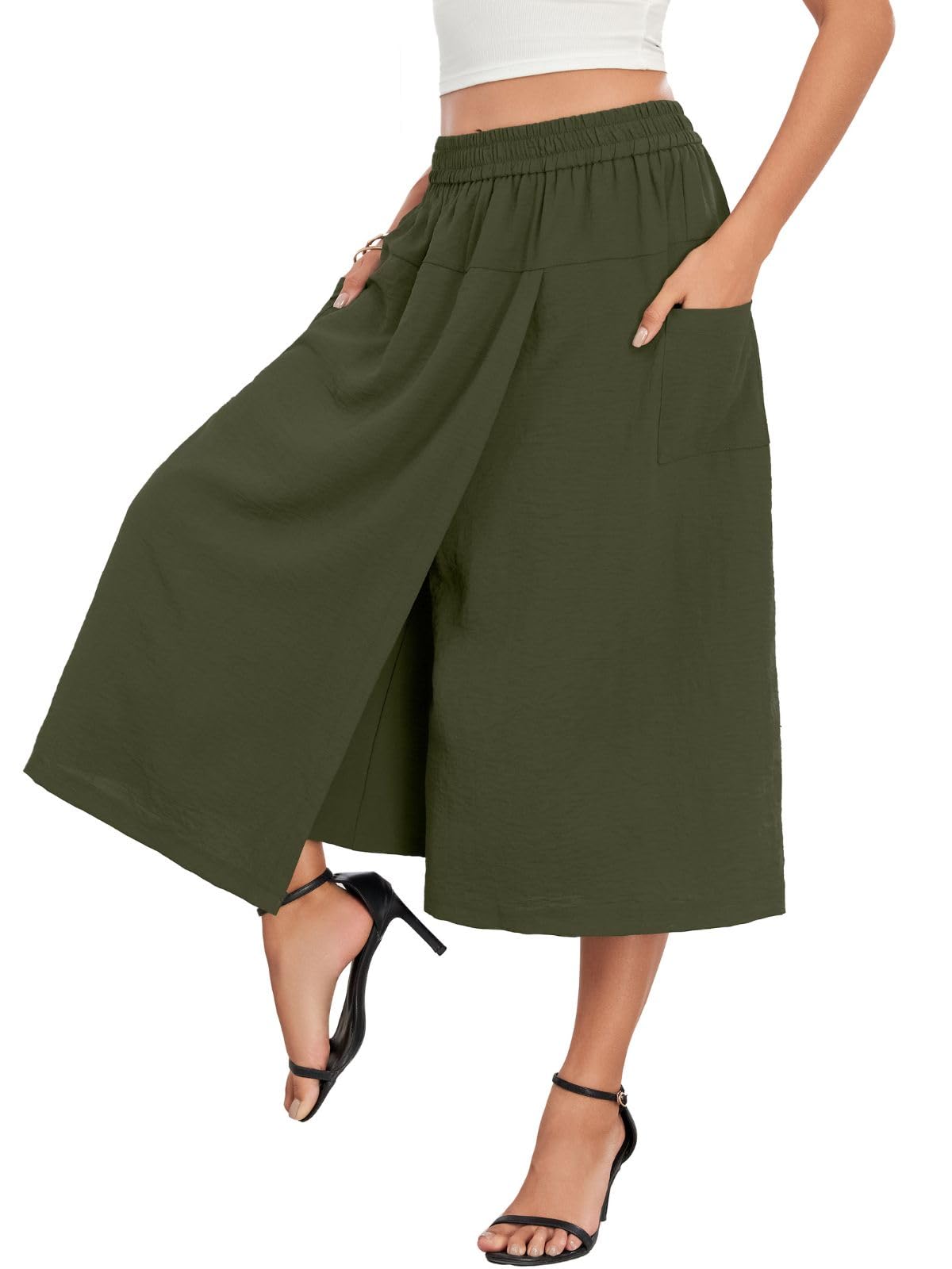 Womens High-Waisted Relaxed Fit Capri Culottes Flowy Palazzo Pants with Practical Pockets Skirt Pant Olive Green M