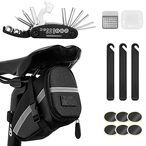 Bike Saddle Bag with Bicycle Repair Tool Kit Set, Waterproof Bike Bag Under Seat, Bicycle Seat Pack Storage Bag, 16-in-1 Multifunction Tool Kits Tire Repair Multitool for Road Mountain Bike Cycling