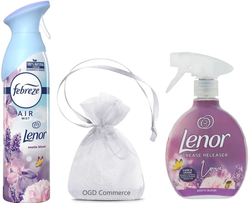 Febreze Air Mist Freshener Spray, 300ml + Lenor Crease Releaser Spray, 500ml, Removes Creases in Fabric, Exotic Bloom Bundle Scent + Our Gift for You: Organza Small Bag