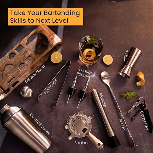 Image of Saki Home Decor Cocktail Shaker Gift Set with Wooden Stand- 10-Piece, Bartender Kit : Shaker, Spoon, Jigger, Muddler, Strainer, Wine & Beer Bottle Opener, Pour Spouts, Tongs (Without Gift Box)