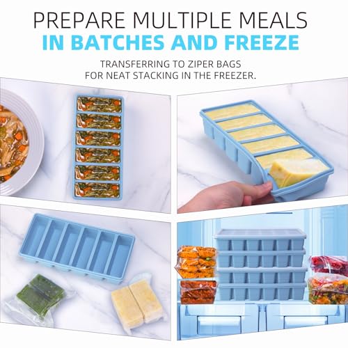 Image of 1 /2 Cup Silicone Freezer Tray With Lid - Silicone Freezer Molds 4-Pack For meal prep & freezing of various sauces and other dishes, makes 24 perfect 1 /2 cup portions cube (Blue 4 Pack)