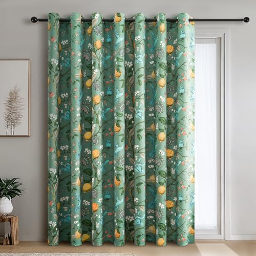 Image of Topfinel Sliding Door Patio Floral Curtains & Drapes, Blackout Extra Wide Room Divider Large Sage Green Vintage Farmhouse Country Hummingbird Patterned Grommet Curtains 1 Single Panels W100 x L84