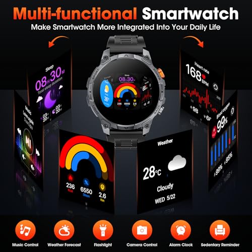 Image of Military Smart Watches for Men,1.75″ Smartwatch with 100-Day Ultra-Long Battery /Flashlight,Fitness Watch for Heart Rate /Sleep /Calling /110+ Sports Mode Smart Watch for Android iOS 1000 mAh